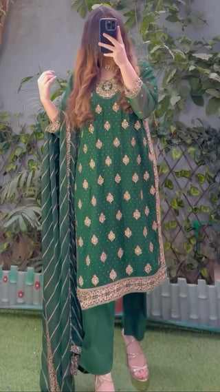 Bottle Green Elegant Threadwork Georgette Ensemble ClothsVilla