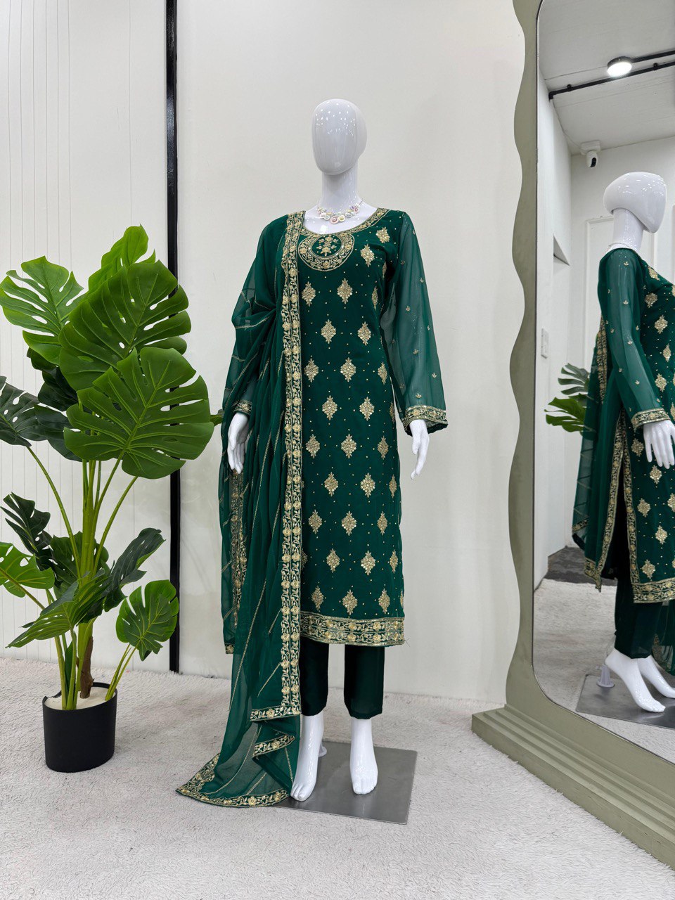 Bottle Green Elegant Threadwork Georgette Ensemble ClothsVilla