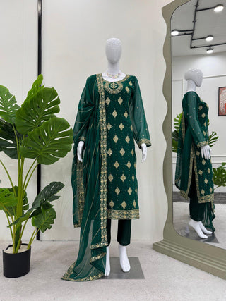 Bottle Green Elegant Threadwork Georgette Ensemble ClothsVilla