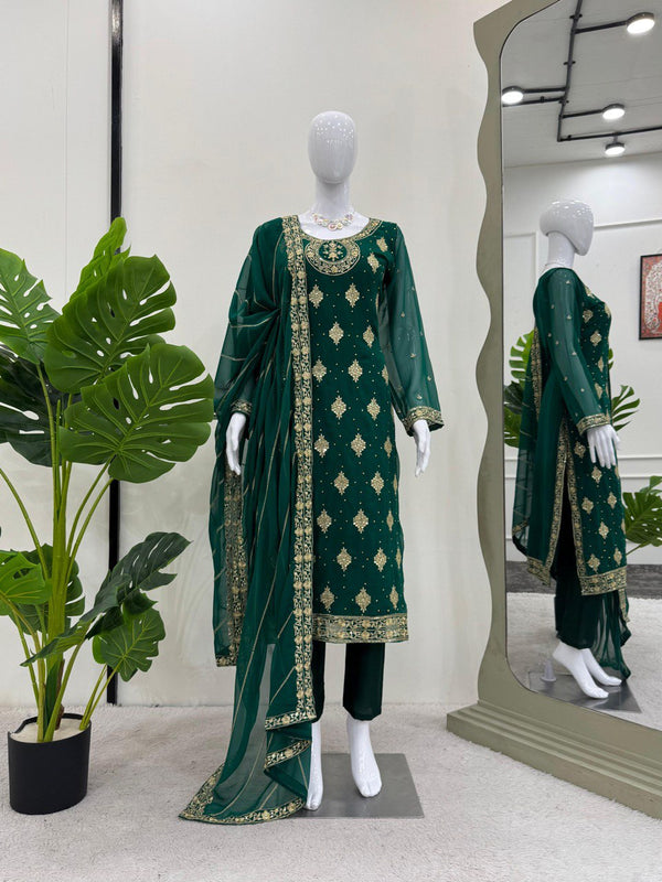 Bottle Green Elegant Threadwork Georgette Ensemble ClothsVilla