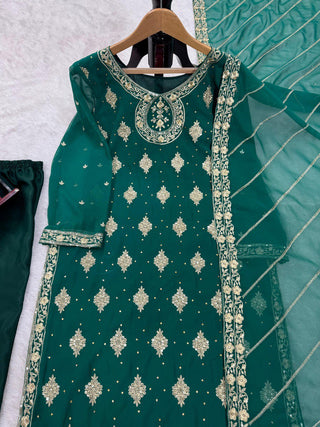 Bottle Green Elegant Threadwork Georgette Ensemble ClothsVilla