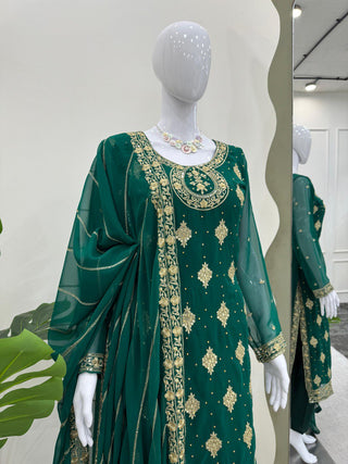 Bottle Green Elegant Threadwork Georgette Ensemble ClothsVilla