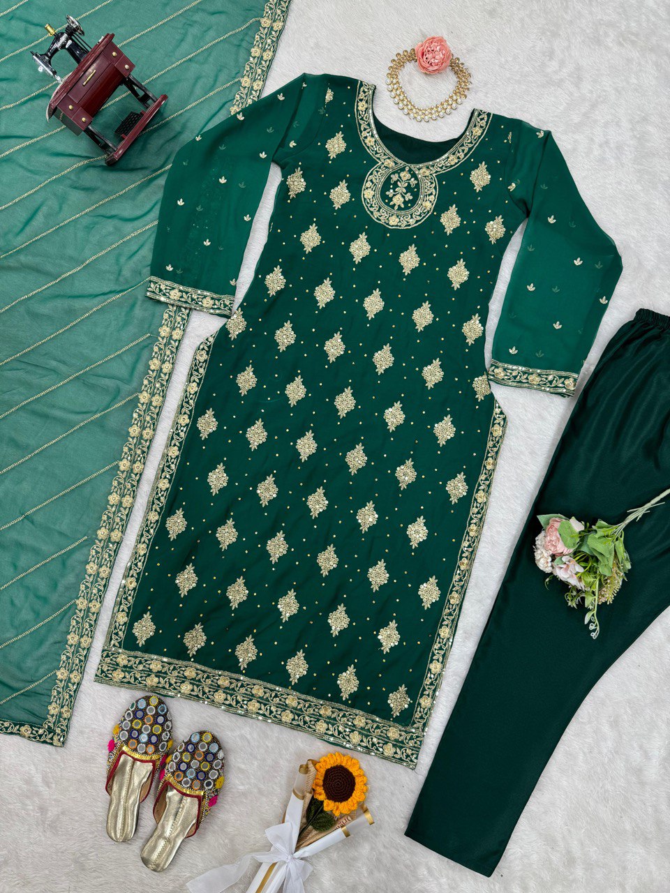 Bottle Green Elegant Threadwork Georgette Ensemble ClothsVilla
