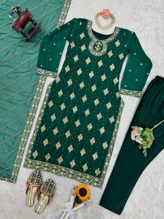 Bottle Green Elegant Threadwork Georgette Ensemble ClothsVilla