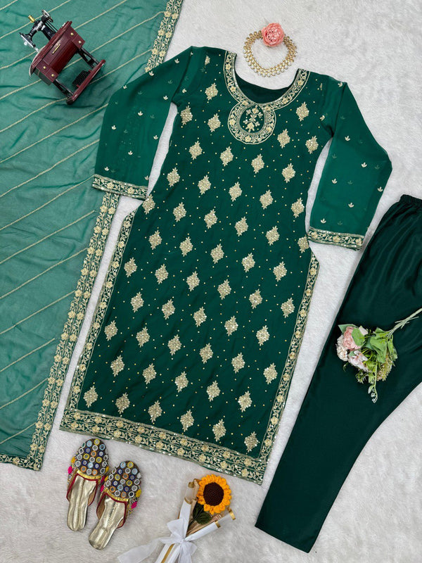 Bottle Green Elegant Threadwork Georgette Ensemble ClothsVilla