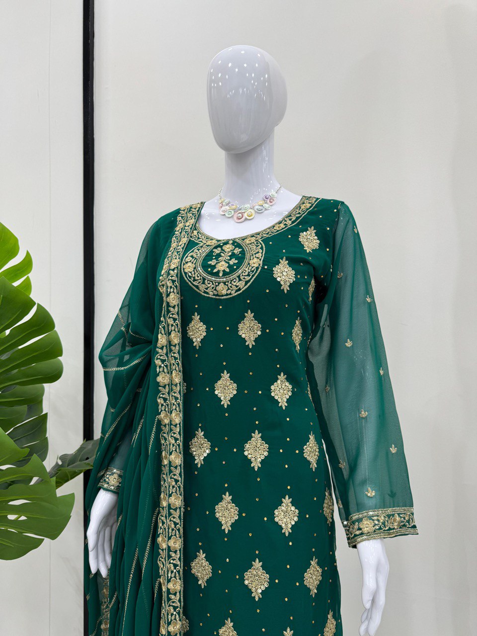 Bottle Green Elegant Threadwork Georgette Ensemble ClothsVilla