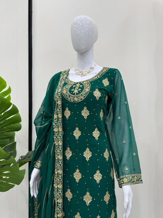 Bottle Green Elegant Threadwork Georgette Ensemble ClothsVilla