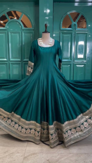 Rama Colour Luxurious Satin Silk Flared Suit with Jacquard Silk Dupatta