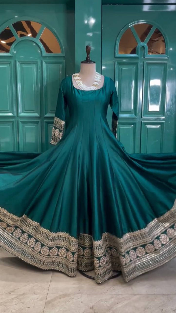 Rama Colour Luxurious Satin Silk Flared Suit with Jacquard Silk Dupatta