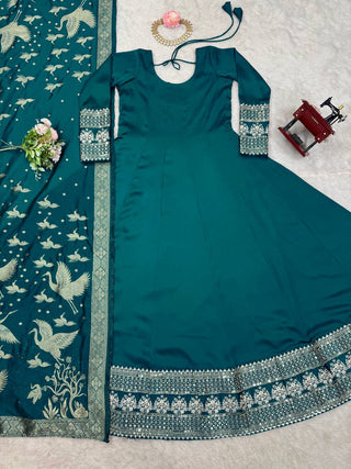 Rama Colour Luxurious Satin Silk Flared Suit with Jacquard Silk Dupatta