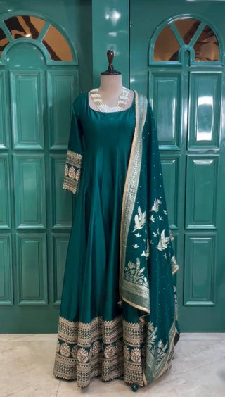 Rama Colour Luxurious Satin Silk Flared Suit with Jacquard Silk Dupatta