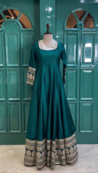 Rama Colour Luxurious Satin Silk Flared Suit with Jacquard Silk Dupatta