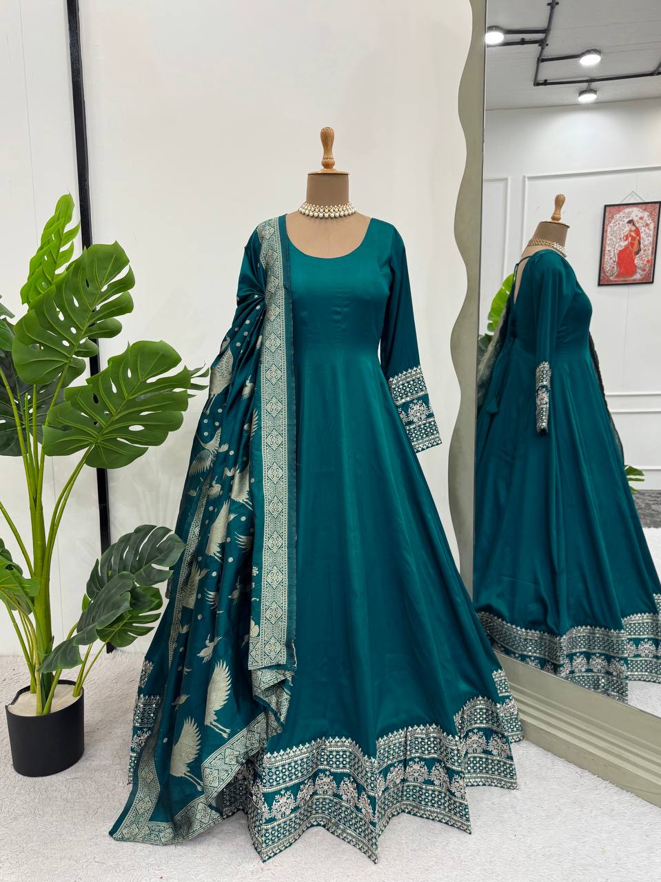 Rama Colour Luxurious Satin Silk Flared Suit with Jacquard Silk Dupatta
