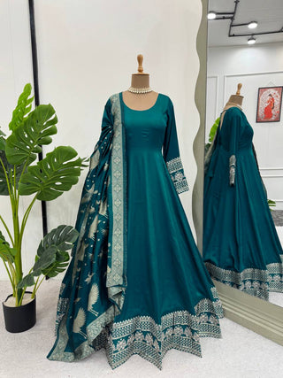 Rama Colour Luxurious Satin Silk Flared Suit with Jacquard Silk Dupatta