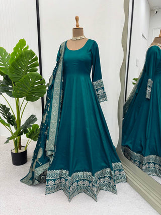 Rama Colour Luxurious Satin Silk Flared Suit with Jacquard Silk Dupatta