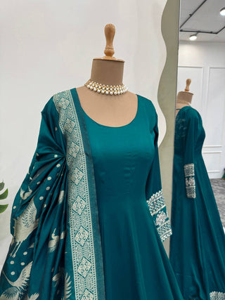 Rama Colour Luxurious Satin Silk Flared Suit with Jacquard Silk Dupatta