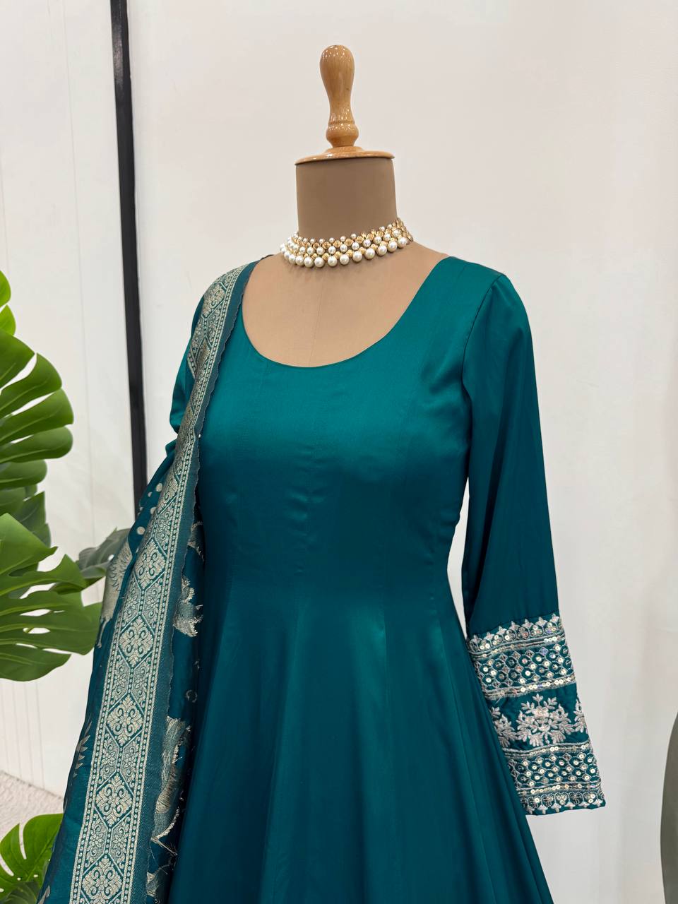 Rama Colour Luxurious Satin Silk Flared Suit with Jacquard Silk Dupatta