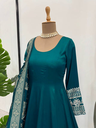 Rama Colour Luxurious Satin Silk Flared Suit with Jacquard Silk Dupatta
