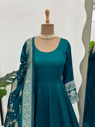 Rama Colour Luxurious Satin Silk Flared Suit with Jacquard Silk Dupatta