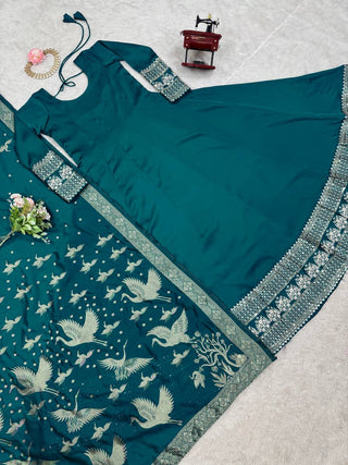 Rama Colour Luxurious Satin Silk Flared Suit with Jacquard Silk Dupatta