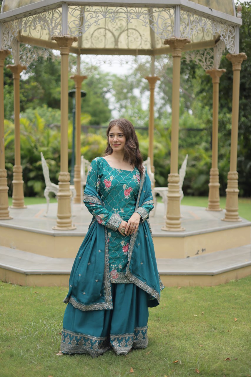 Rama Colour Premium Designer Kurti-Plazzo-Dupatta Set ClothsVilla