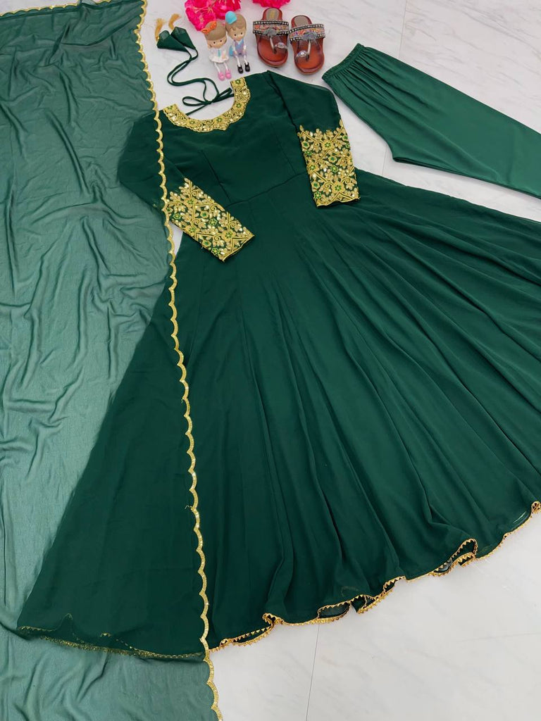 Rama Colour Premium Designer Party Wear Anarkali Gown, Dupatta & Bottom Set Clothsvilla