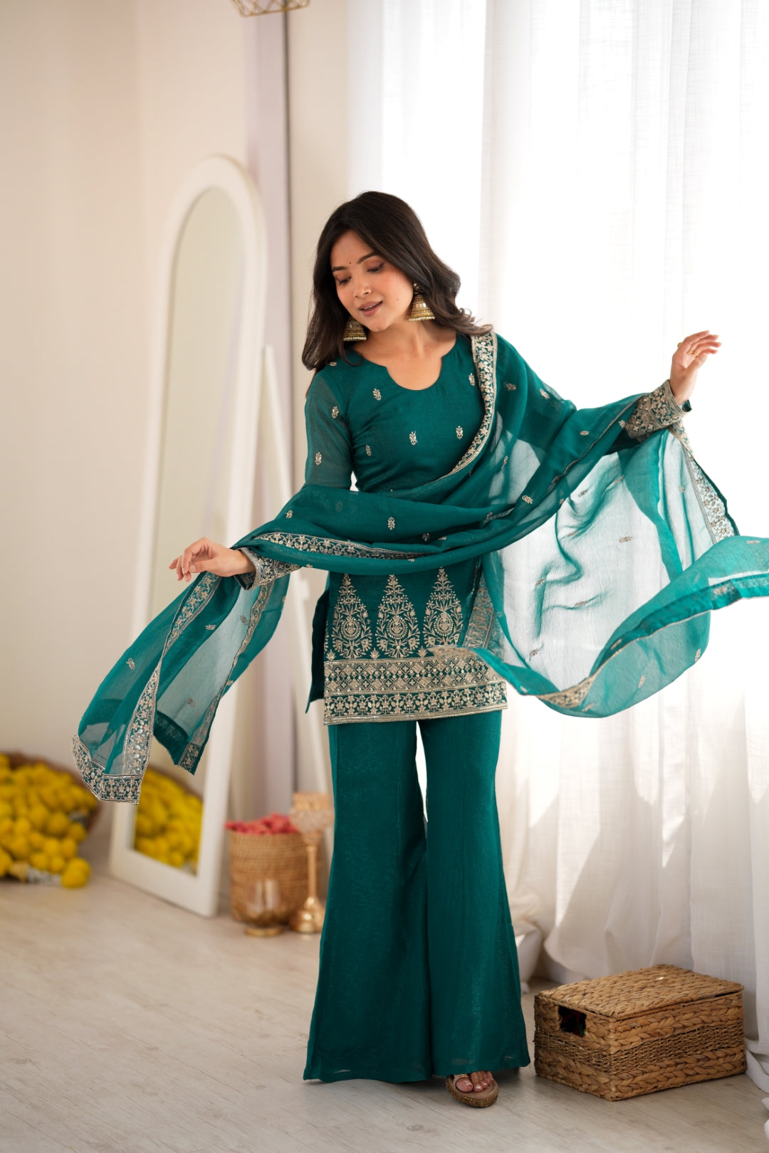 Rama Crunchy Silk Kurta with Bell Bottom ClothsVilla