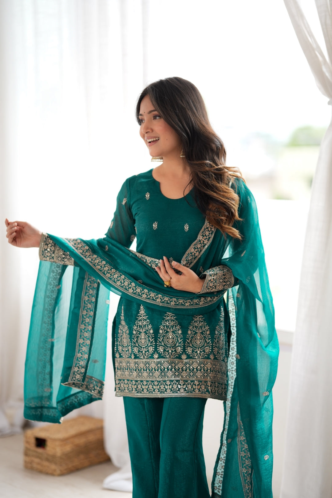 Rama Crunchy Silk Kurta with Bell Bottom ClothsVilla
