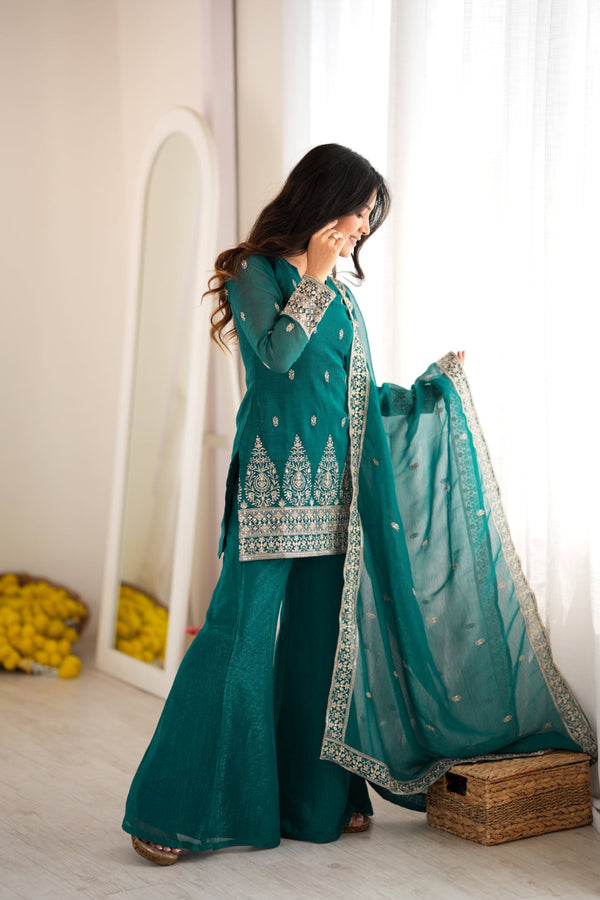 Rama Crunchy Silk Kurta with Bell Bottom ClothsVilla