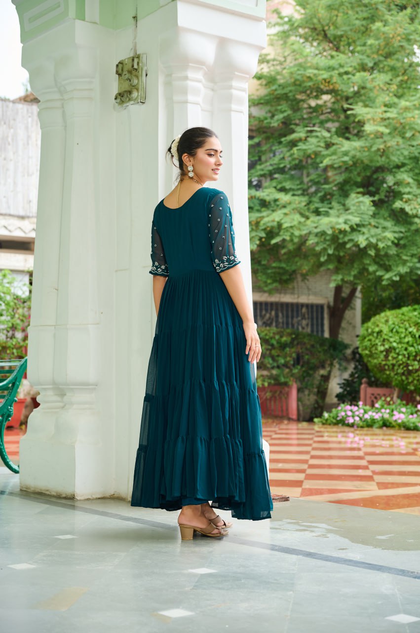 Rama Designer Faux Blooming Embroidered Gown with Bead Work ClothsVilla