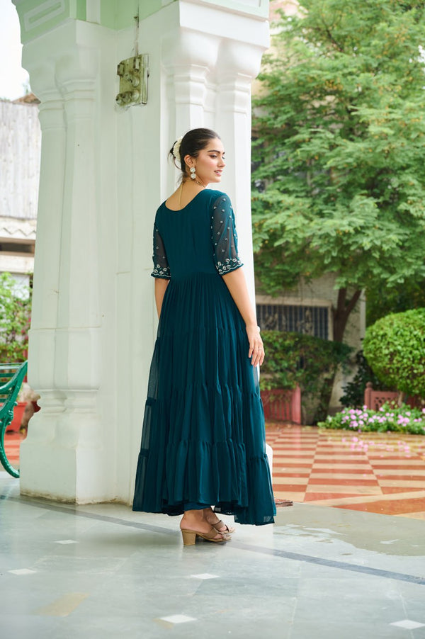 Rama Designer Faux Blooming Embroidered Gown with Bead Work ClothsVilla