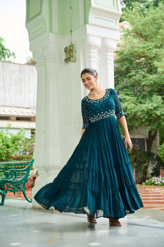 Rama Designer Faux Blooming Embroidered Gown with Bead Work ClothsVilla