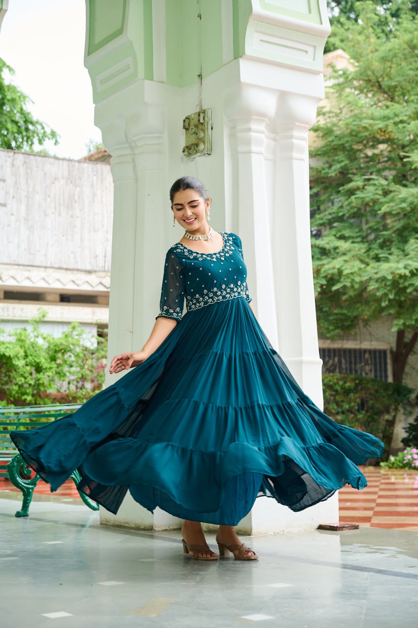 Rama Designer Faux Blooming Embroidered Gown with Bead Work ClothsVilla