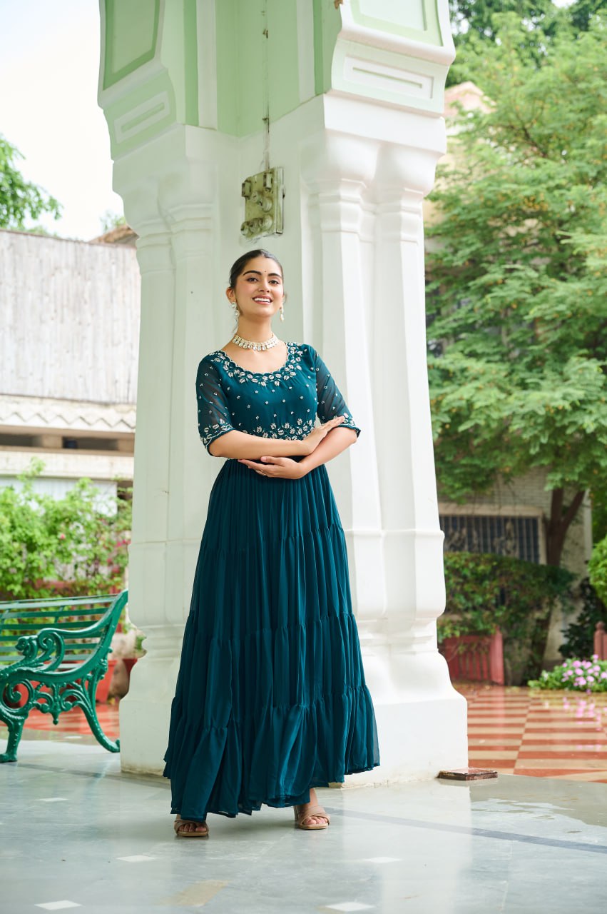 Rama Designer Faux Blooming Embroidered Gown with Bead Work ClothsVilla