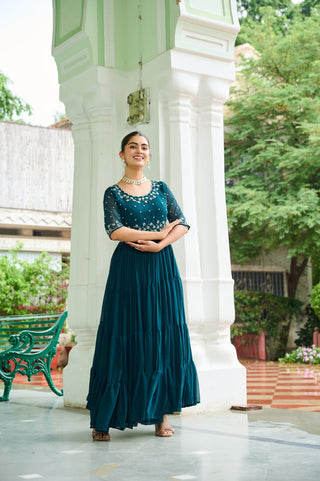 Rama Designer Faux Blooming Embroidered Gown with Bead Work ClothsVilla
