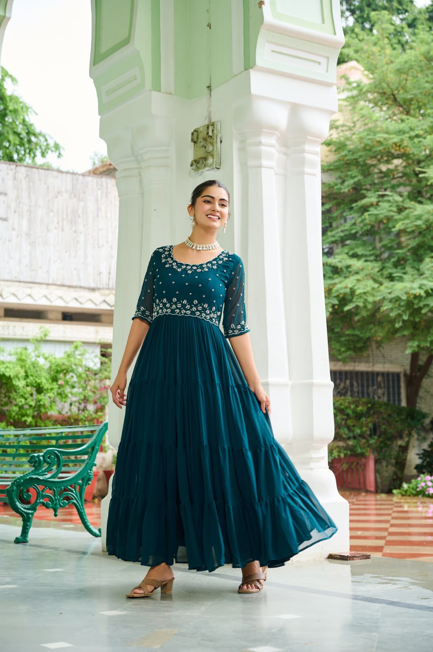 Rama Designer Faux Blooming Embroidered Gown with Bead Work ClothsVilla