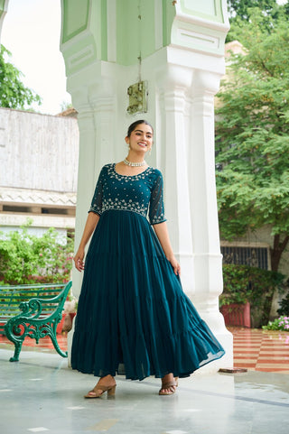 Rama Designer Faux Blooming Embroidered Gown with Bead Work ClothsVilla