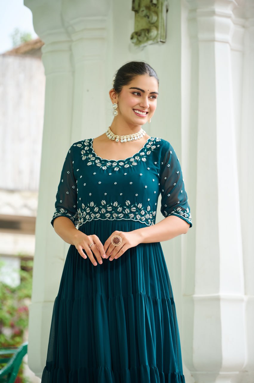 Rama Designer Faux Blooming Embroidered Gown with Bead Work ClothsVilla