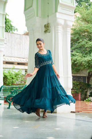 Rama Designer Faux Blooming Embroidered Gown with Bead Work ClothsVilla