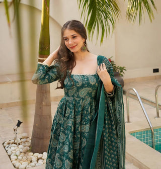 Rama Designer Maslin Digital Print Anarkali Suit with White Embroidery Lace & Matching Dupatta ClothsVilla