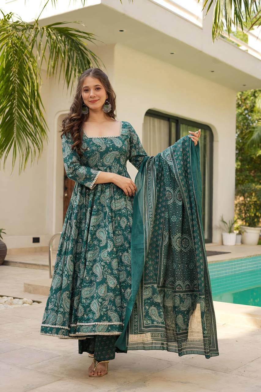 Rama Designer Maslin Digital Print Anarkali Suit with White Embroidery Lace & Matching Dupatta ClothsVilla