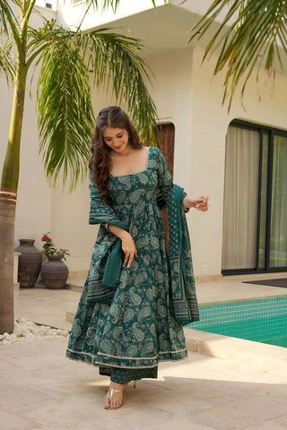 Rama Designer Maslin Digital Print Anarkali Suit with White Embroidery Lace & Matching Dupatta ClothsVilla