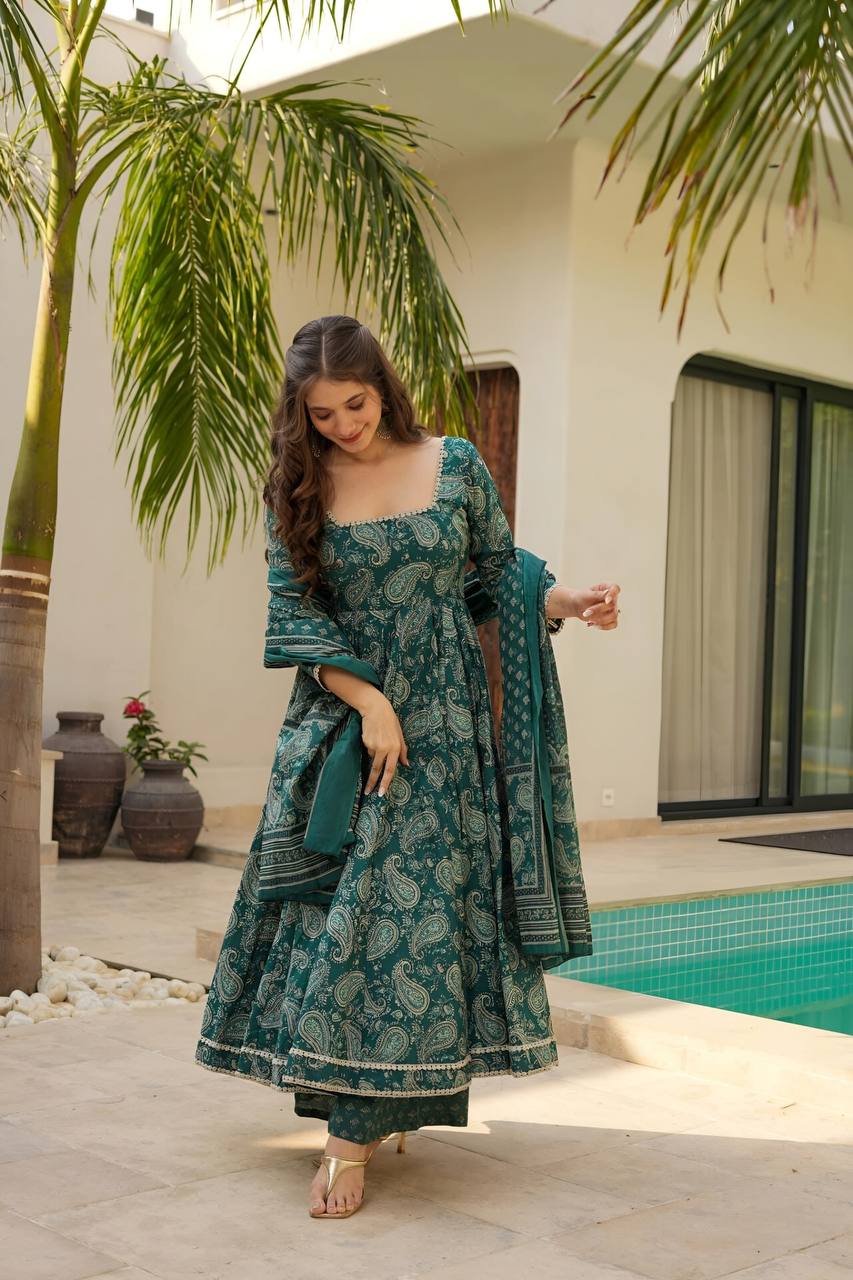 Rama Designer Maslin Digital Print Anarkali Suit with White Embroidery Lace & Matching Dupatta ClothsVilla