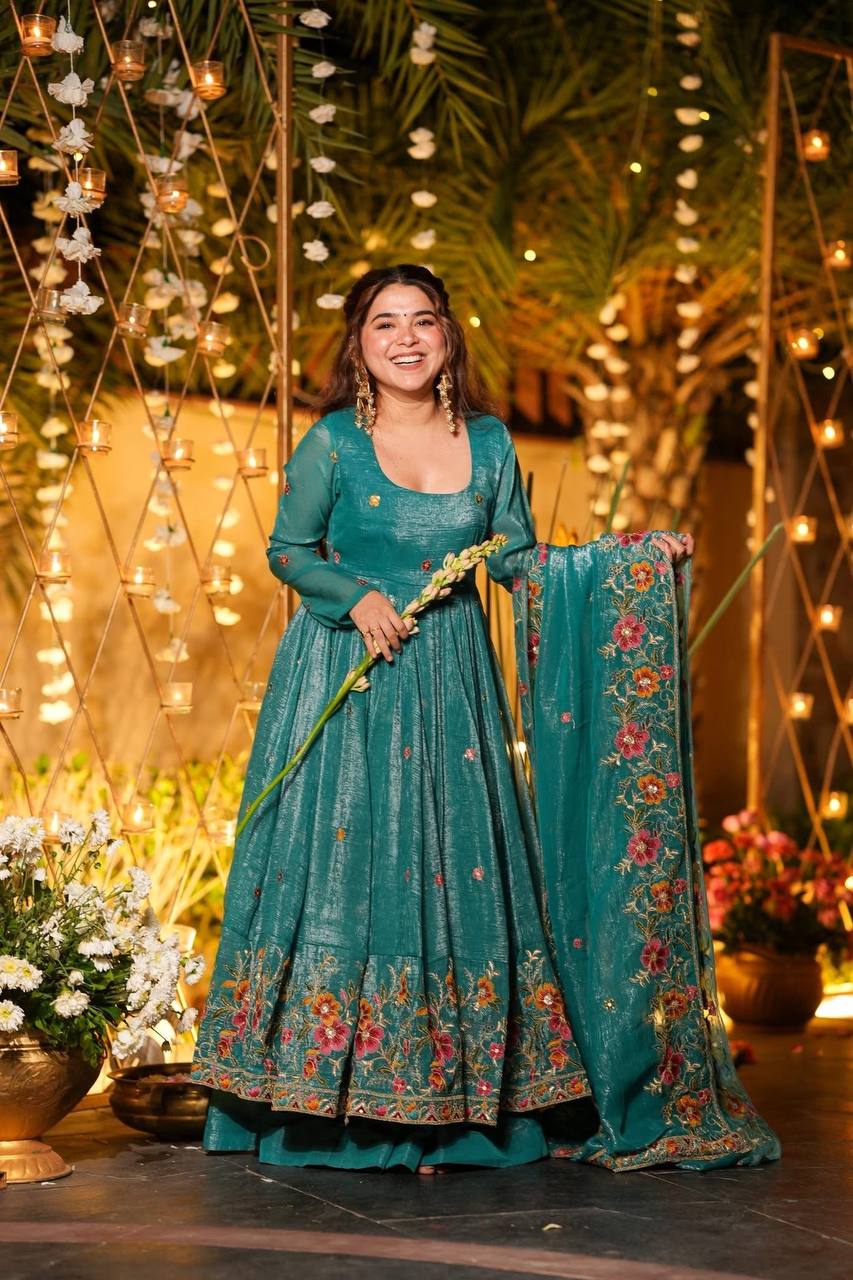 Rama Designer Soft Crunchy Silk Embroidered Gown Set with Sequins Work & Matching Dupatta – Fully Stitched Party & Festive Wear ClothsVilla Main image