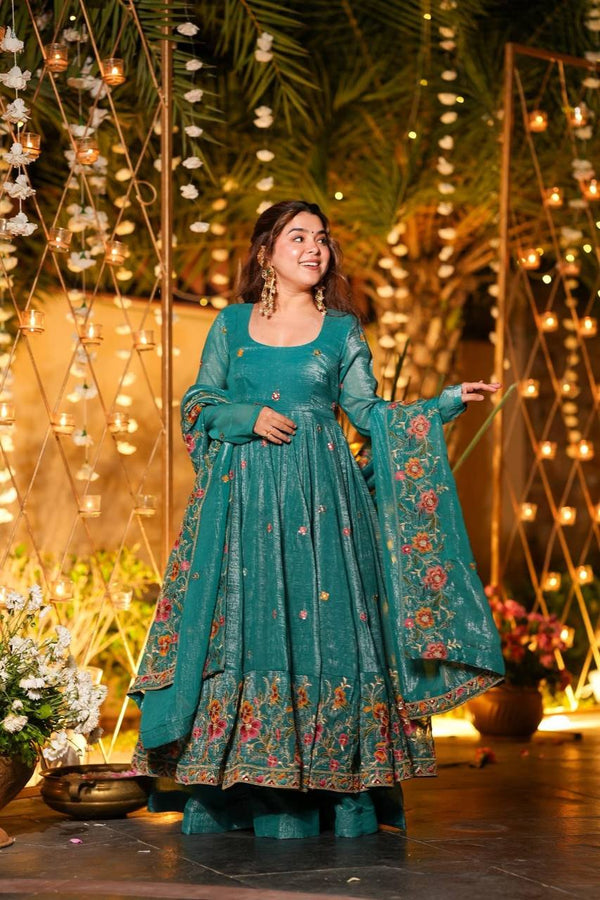 Rama Designer Soft Crunchy Silk Embroidered Gown Set with Sequins Work & Matching Dupatta – Fully Stitched Party & Festive Wear ClothsVilla