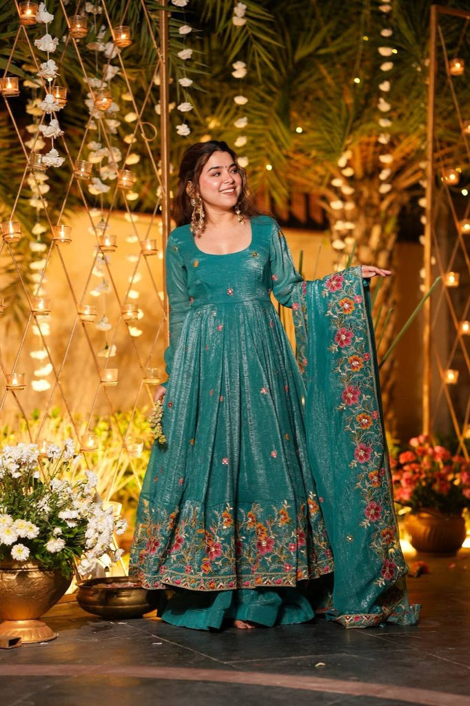 Rama Designer Soft Crunchy Silk Embroidered Gown Set with Sequins Work & Matching Dupatta – Fully Stitched Party & Festive Wear ClothsVilla