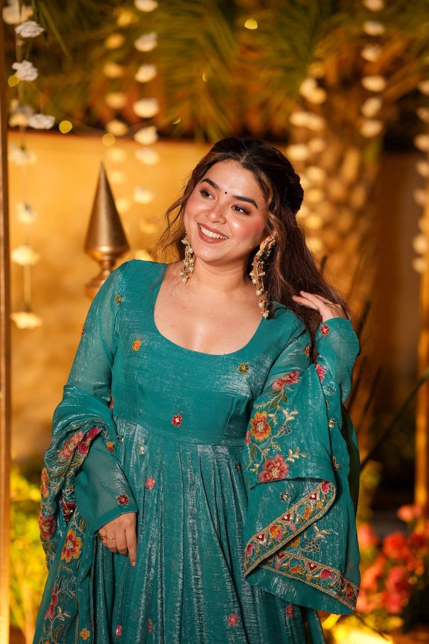 Rama Designer Soft Crunchy Silk Embroidered Gown Set with Sequins Work & Matching Dupatta – Fully Stitched Party & Festive Wear ClothsVilla