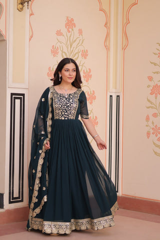 Rama Elegant Faux Blooming Embroidered Gown Set with Designer Dupatta ClothsVilla