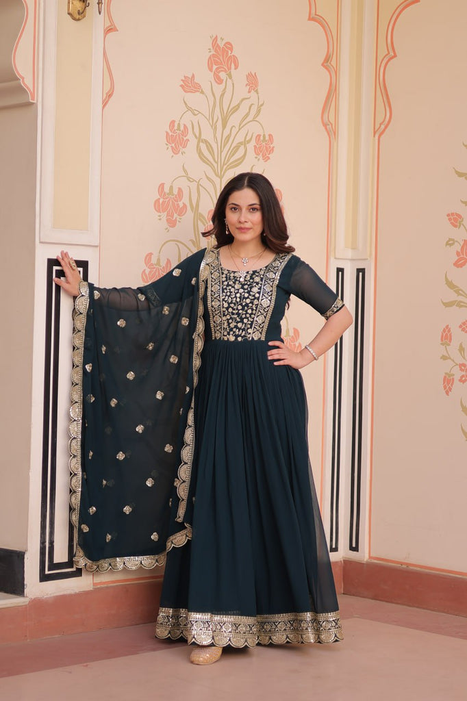 Rama Elegant Faux Blooming Embroidered Gown Set with Designer Dupatta ClothsVilla