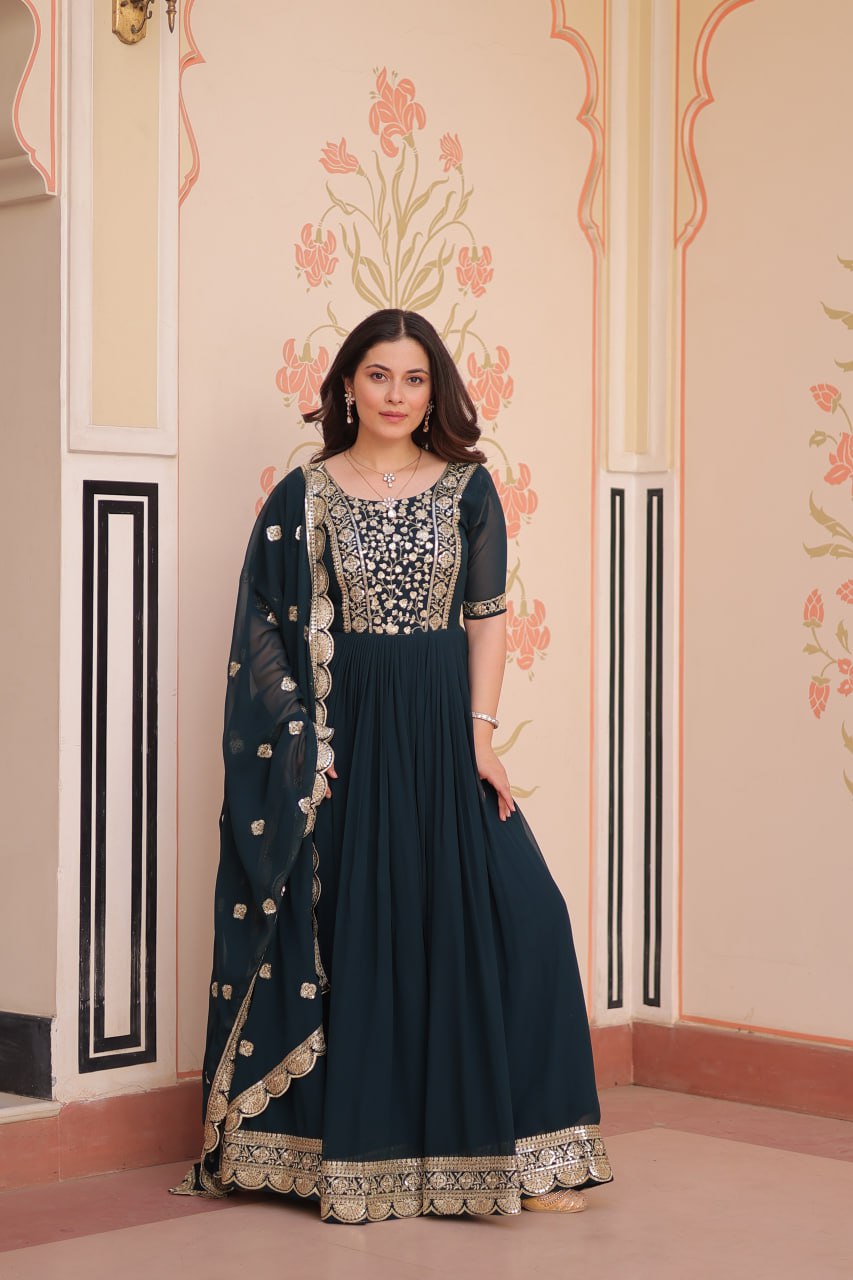 Rama Elegant Faux Blooming Embroidered Gown Set with Designer Dupatta ClothsVilla